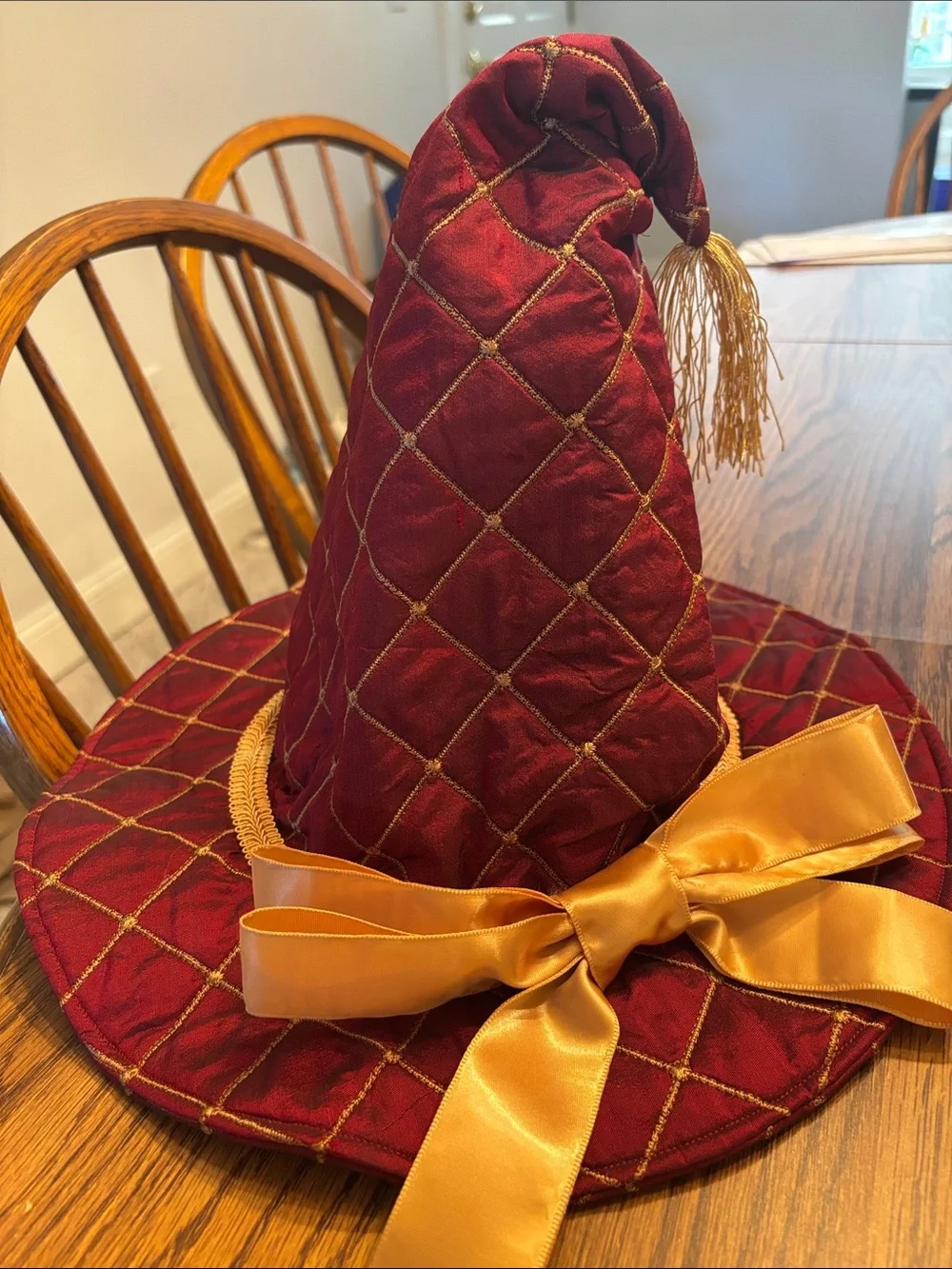 Hand-made Red Quilted Witch Hat with Gold Ribbon by Royal House of Whimsy